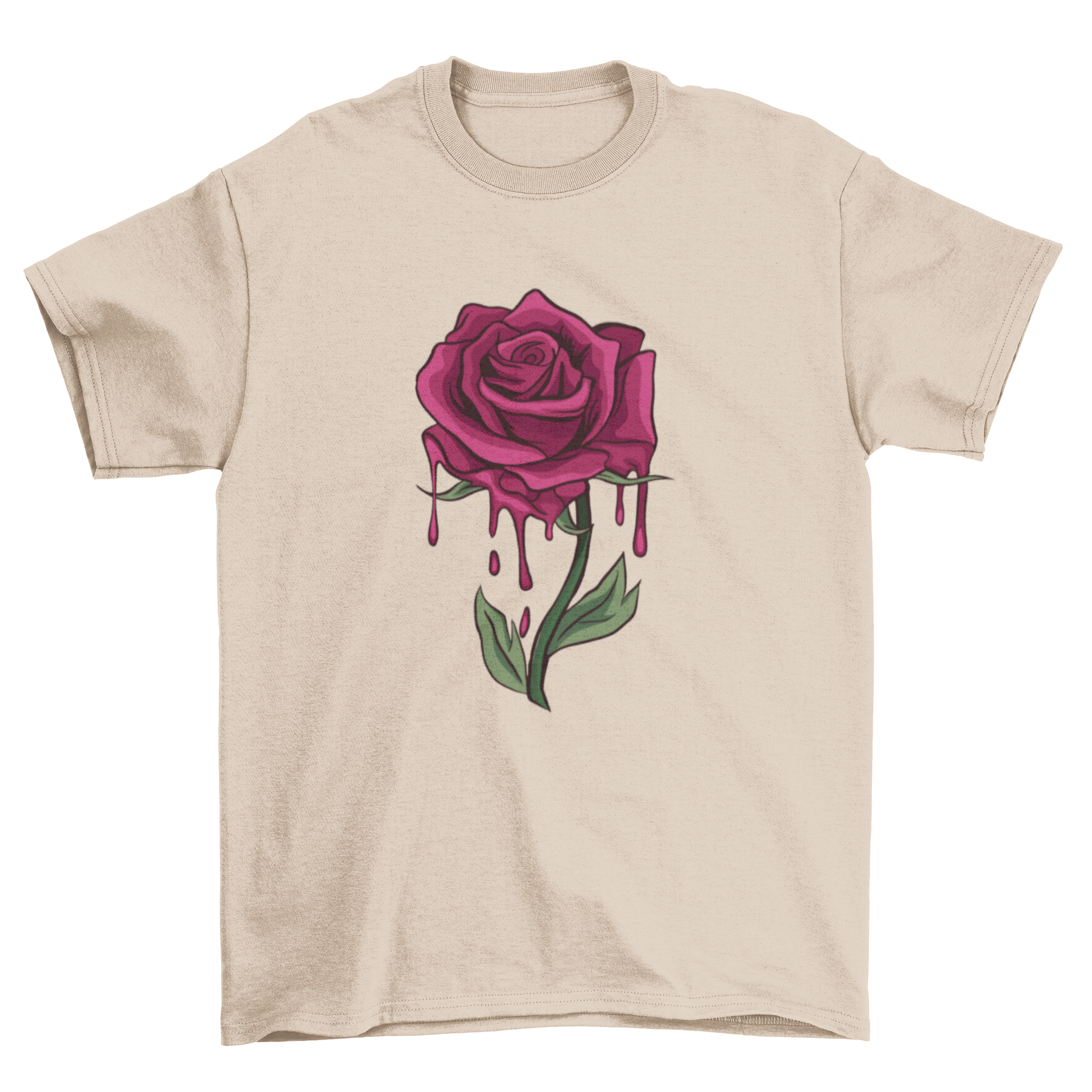 A stylish T-shirt featuring a detailed illustration of a bleeding rose, showcasing vibrant colors and intricate design.