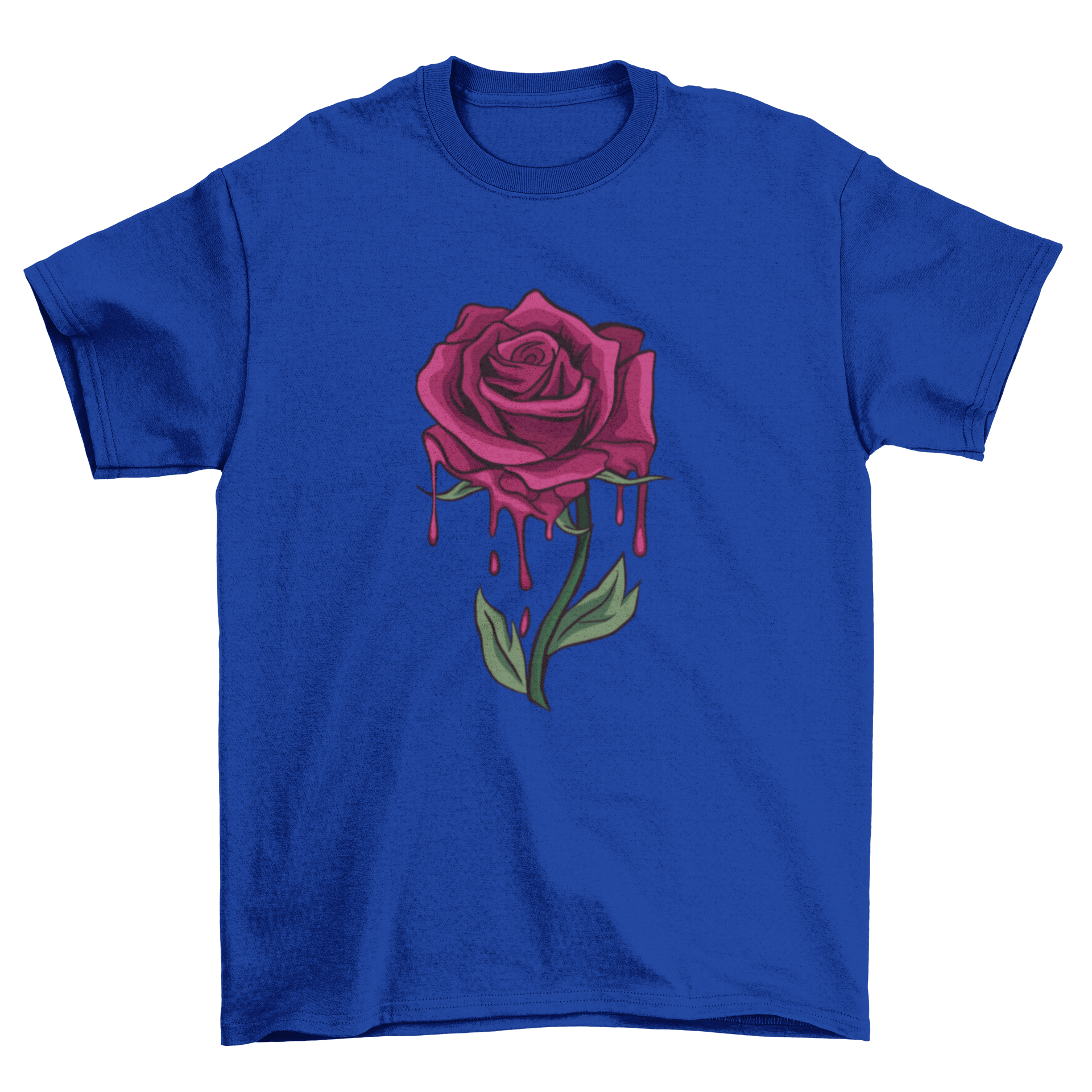 A stylish T-shirt featuring a detailed illustration of a bleeding rose, showcasing vibrant colors and intricate design.