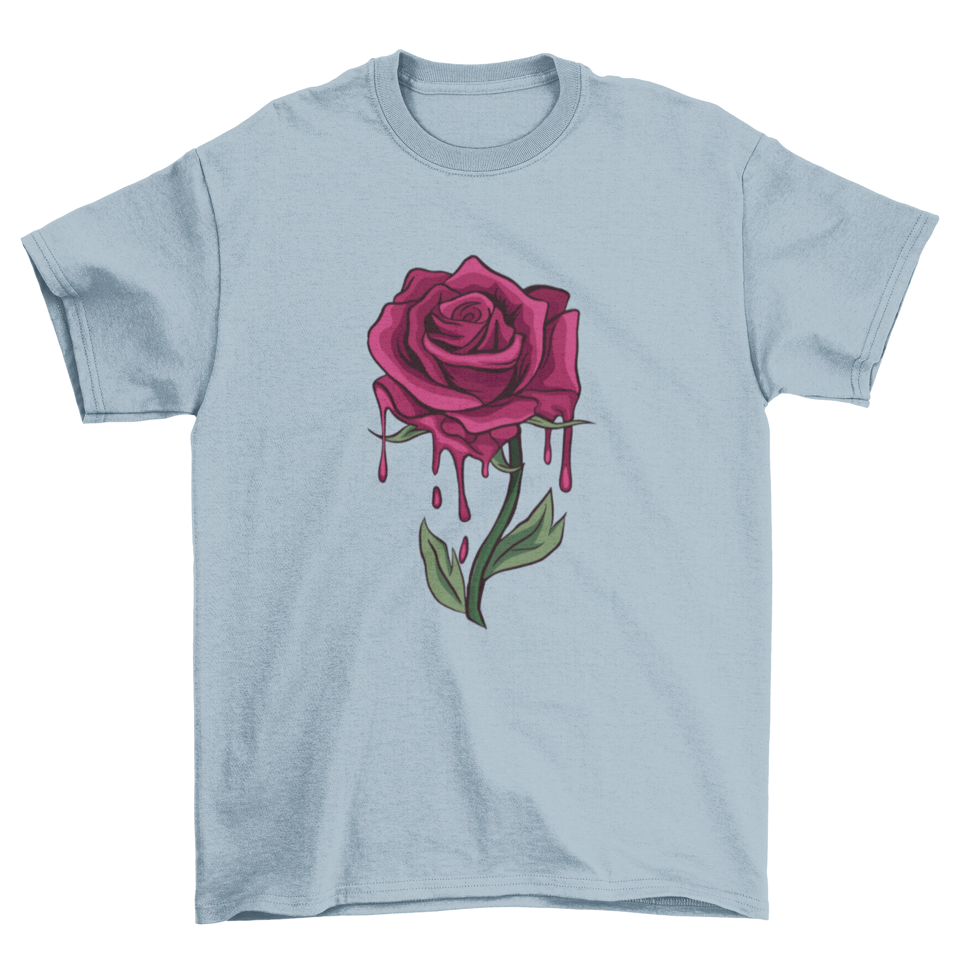 A stylish T-shirt featuring a detailed illustration of a bleeding rose, showcasing vibrant colors and intricate design.