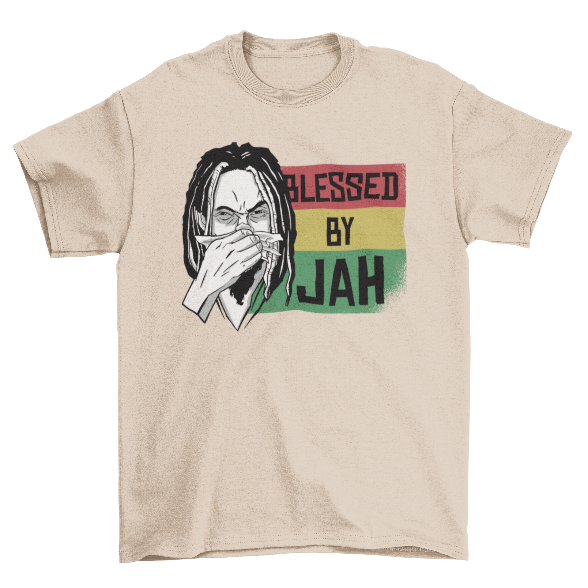 Blessed by Jah T-shirt featuring a man blowing his nose with Rastafari flag background.