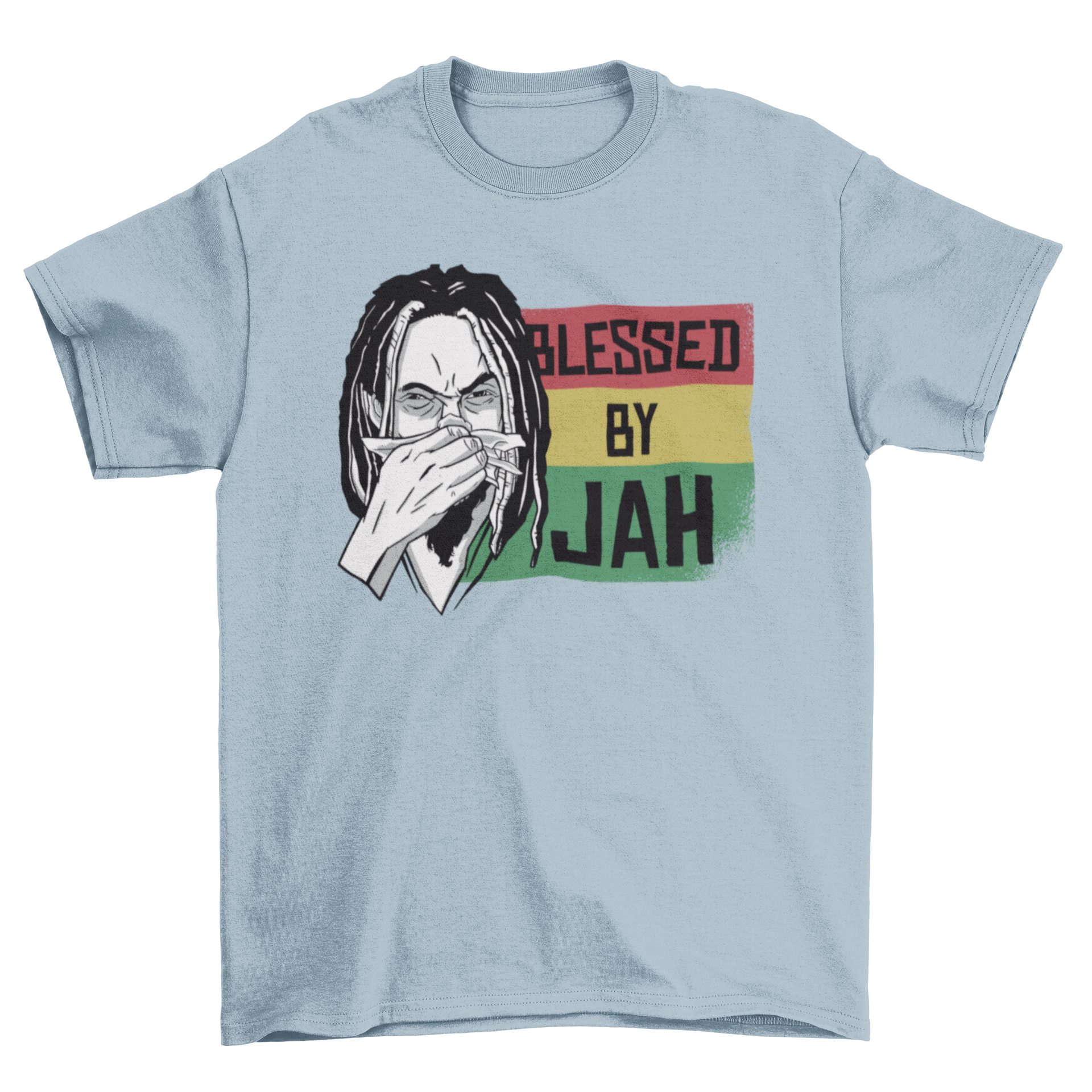 Blessed by Jah T-shirt featuring a man blowing his nose with Rastafari flag background.