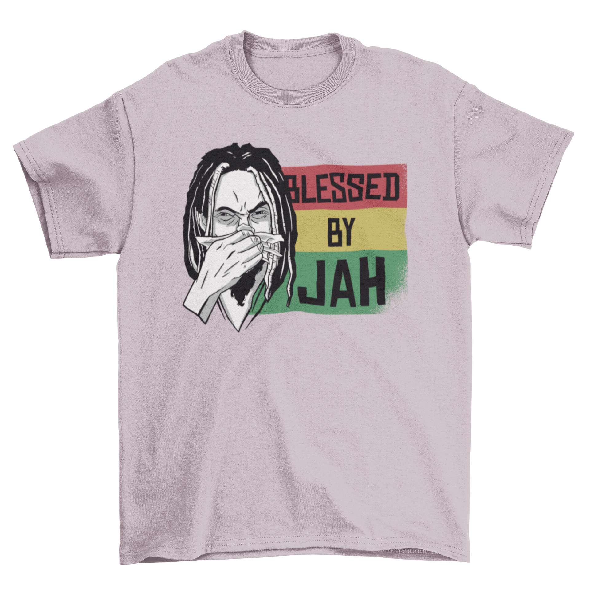 Blessed by Jah T-shirt featuring a man blowing his nose with Rastafari flag background.