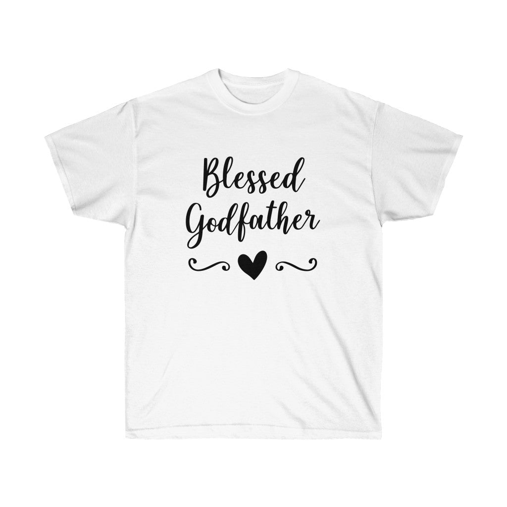 Blessed Godfather Family T-Shirt in a retail fit, unisex design, showcasing its comfortable fabric and true-to-size fit.