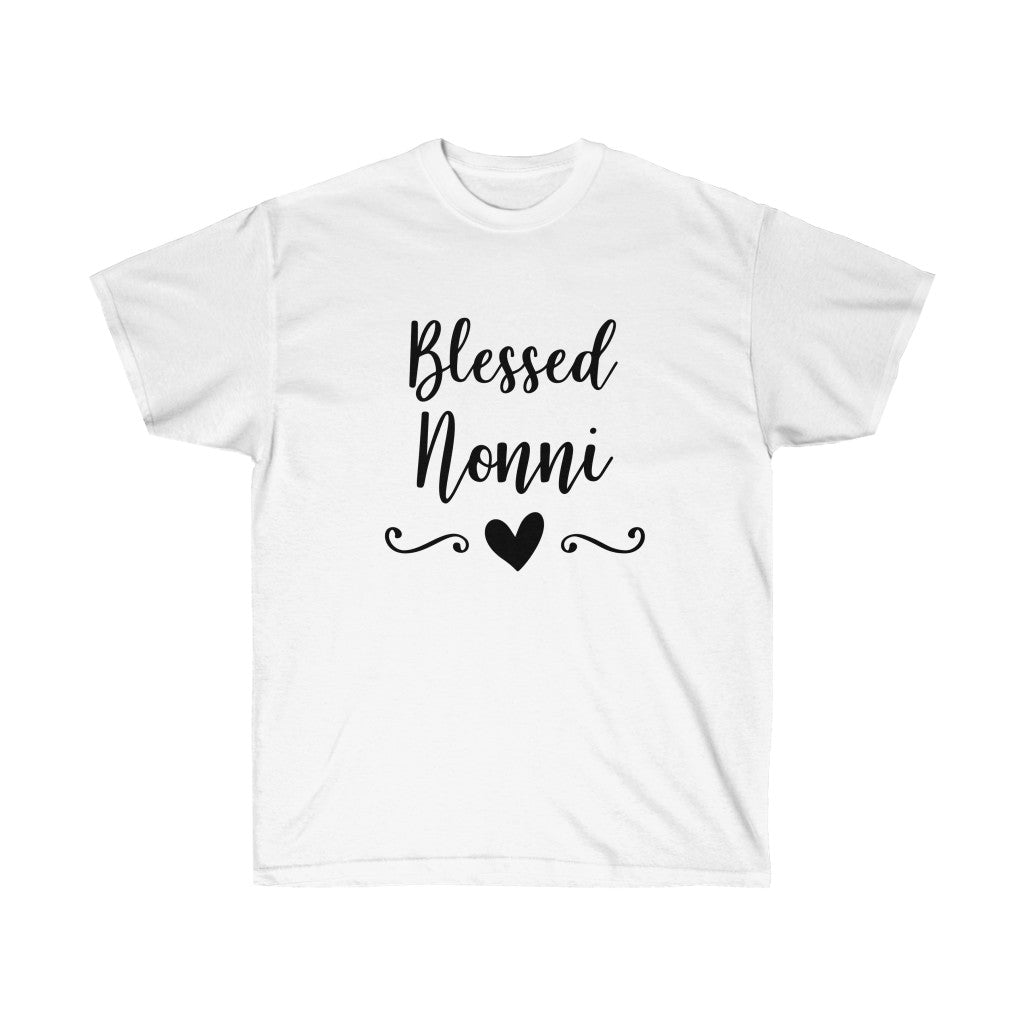 Blessed Nonni Family T-Shirt in soft cotton, featuring a unisex design and retail fit, perfect for family gatherings.