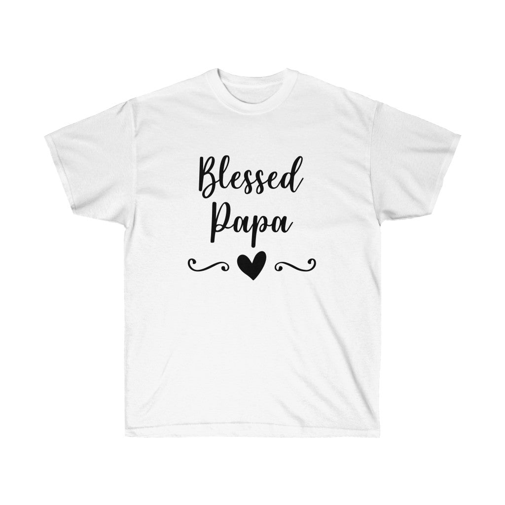 Blessed Papa Family T-Shirt made of soft cotton, featuring a unisex design and retail fit, perfect for family gatherings.