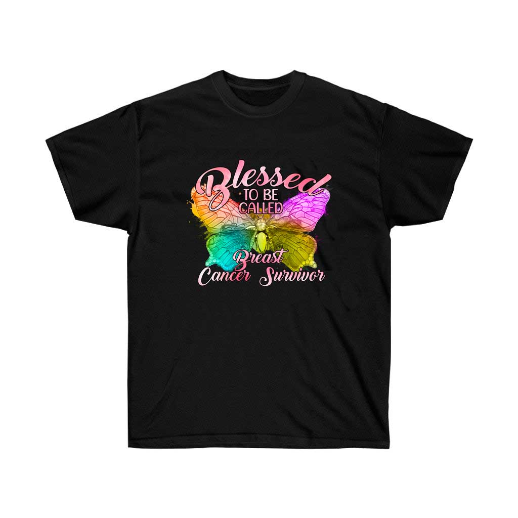 A soft cotton unisex t-shirt featuring the phrase 'Blessed to be Called Breast Cancer Survivor' in vibrant print, symbolizing strength and awareness.