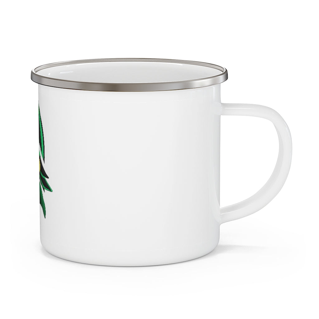 Bliblax Enamel Camping Mug in a natural outdoor setting, showcasing its durable design and customizable print options.
