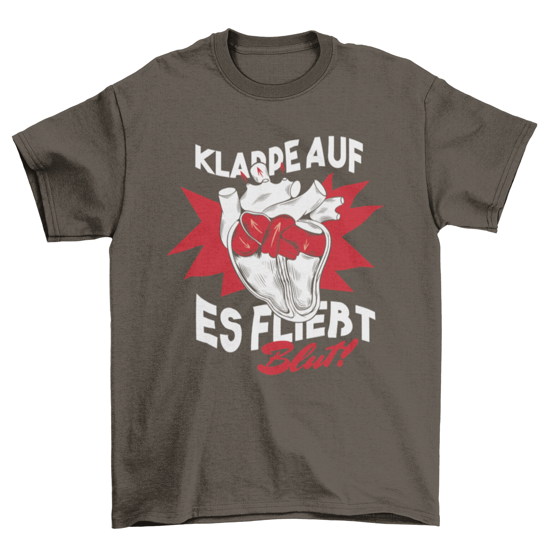 Blood Flows Heart T-Shirt featuring a human heart illustration and German quote.