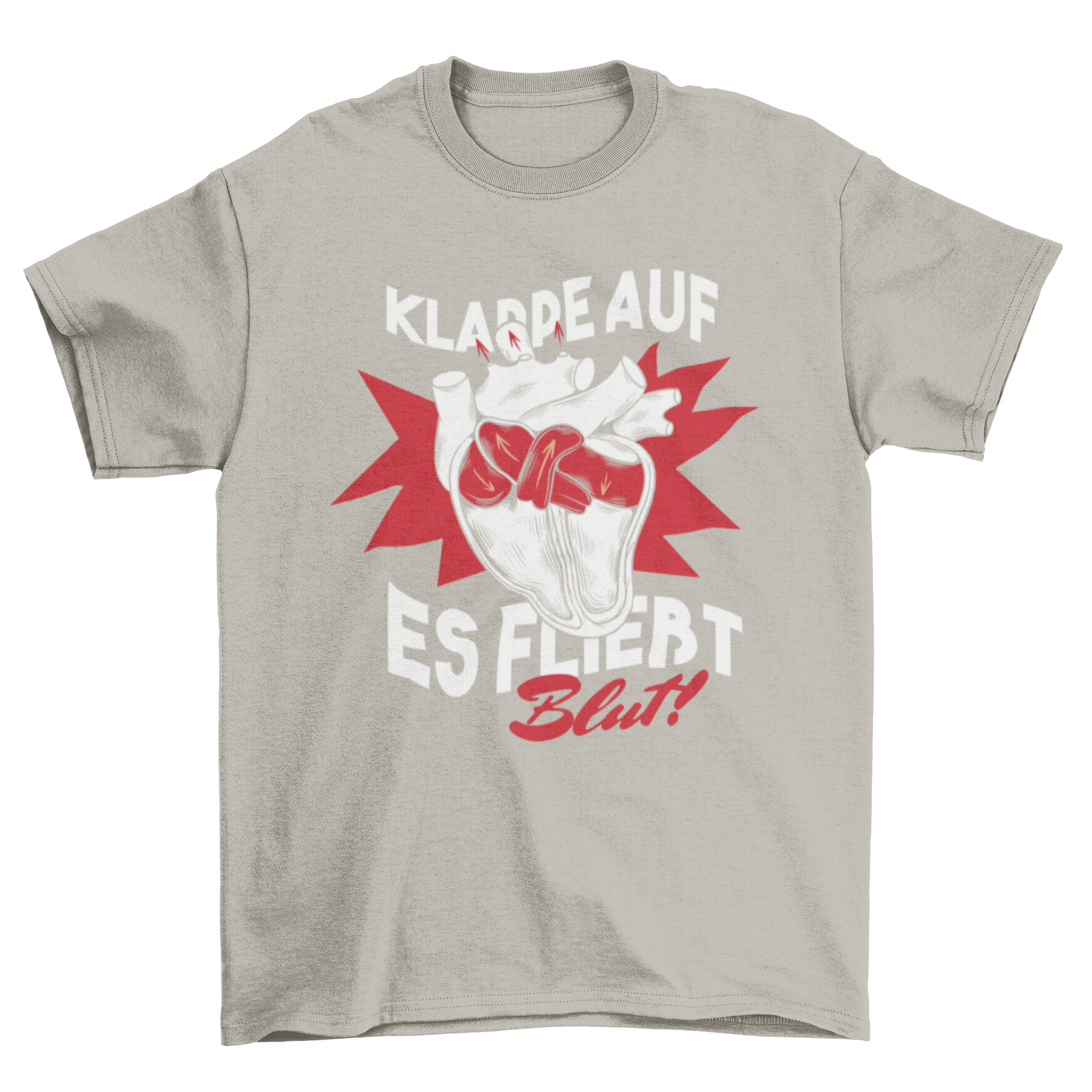 Blood Flows Heart T-Shirt featuring a human heart illustration and German quote.