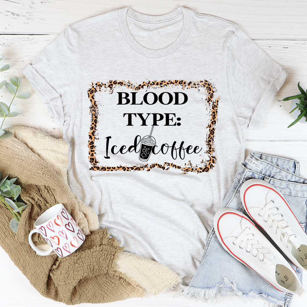 Blood Type Iced Coffee T-Shirt made of soft ring-spun cotton with double stitching, available in various sizes.