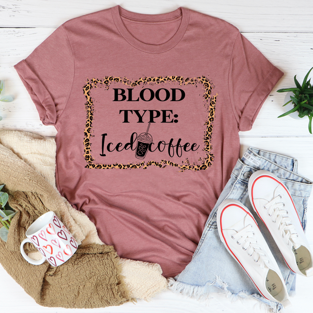 Blood Type Iced Coffee T-Shirt made of soft ring-spun cotton with double stitching, available in various sizes.
