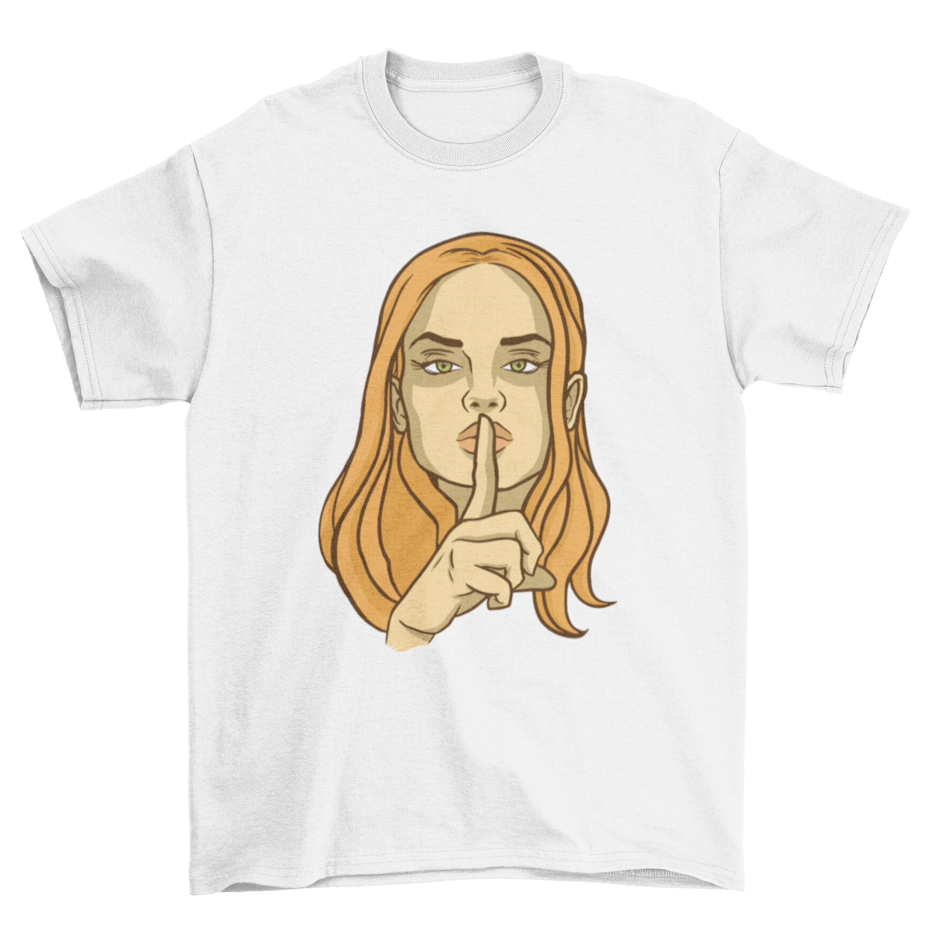 A stylish t-shirt featuring a blonde pale woman in a shushing pose, perfect for casual wear.