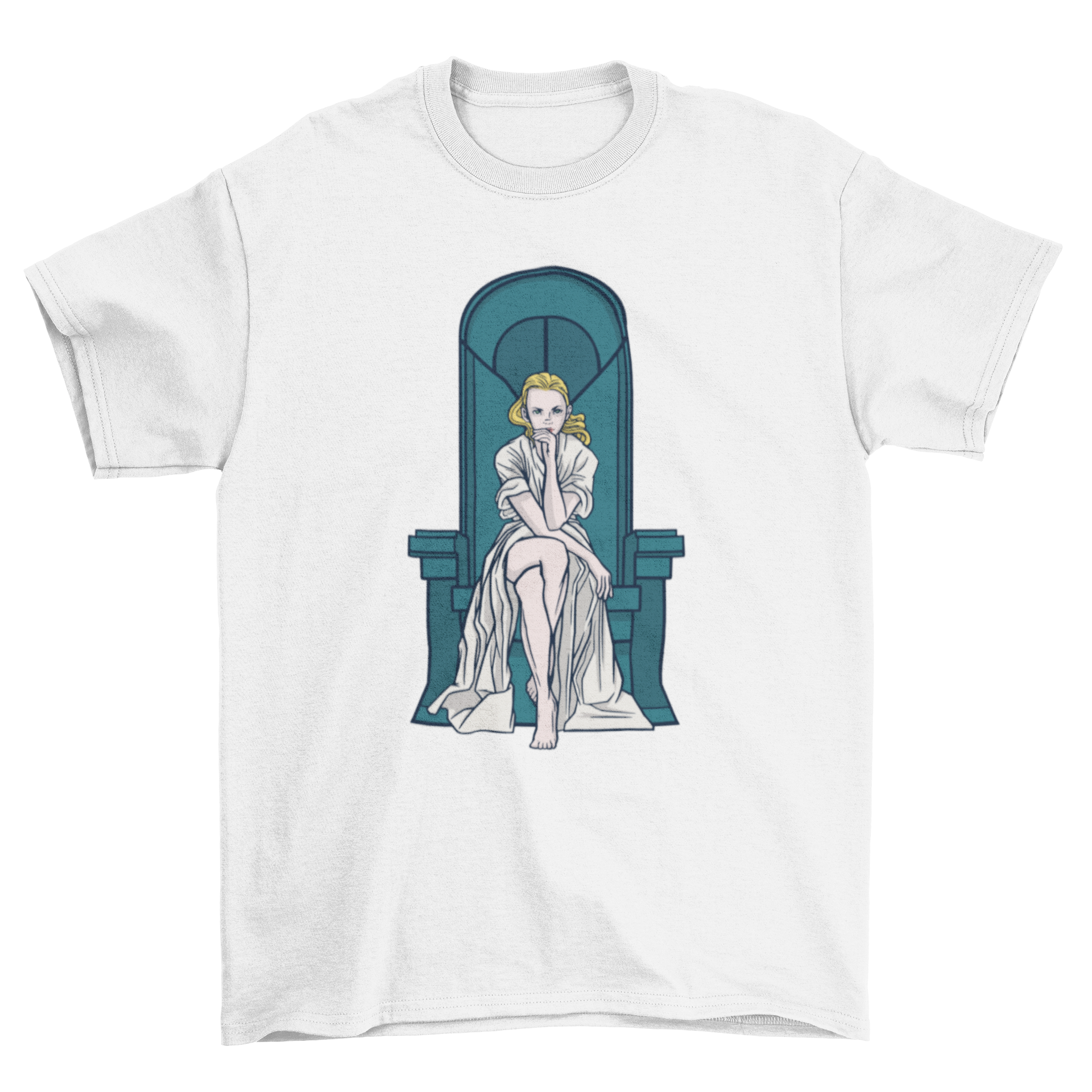 A stylish t-shirt featuring a blonde woman elegantly seated on a throne, showcasing a unique and artistic design.