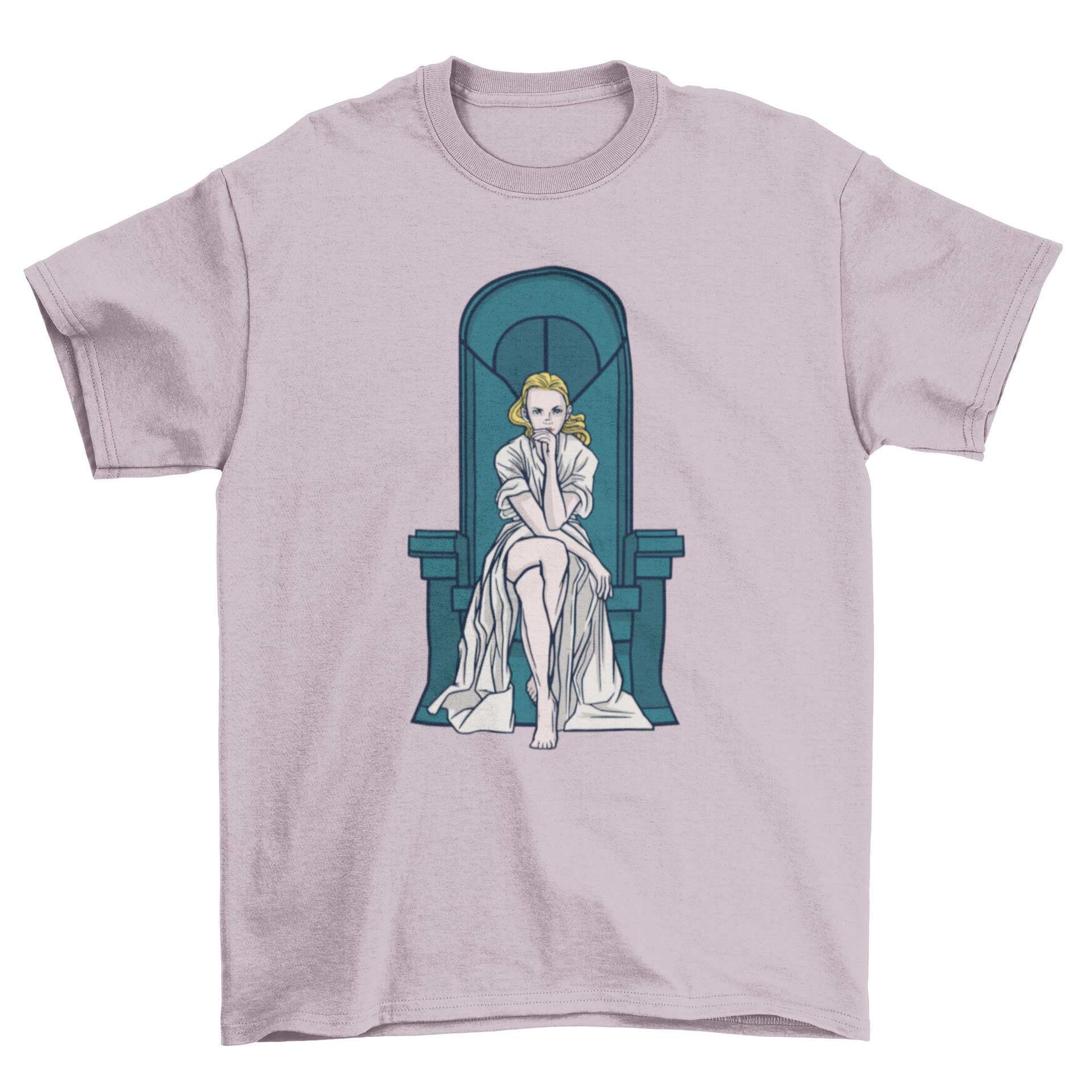 A stylish t-shirt featuring a blonde woman elegantly seated on a throne, showcasing a unique and artistic design.