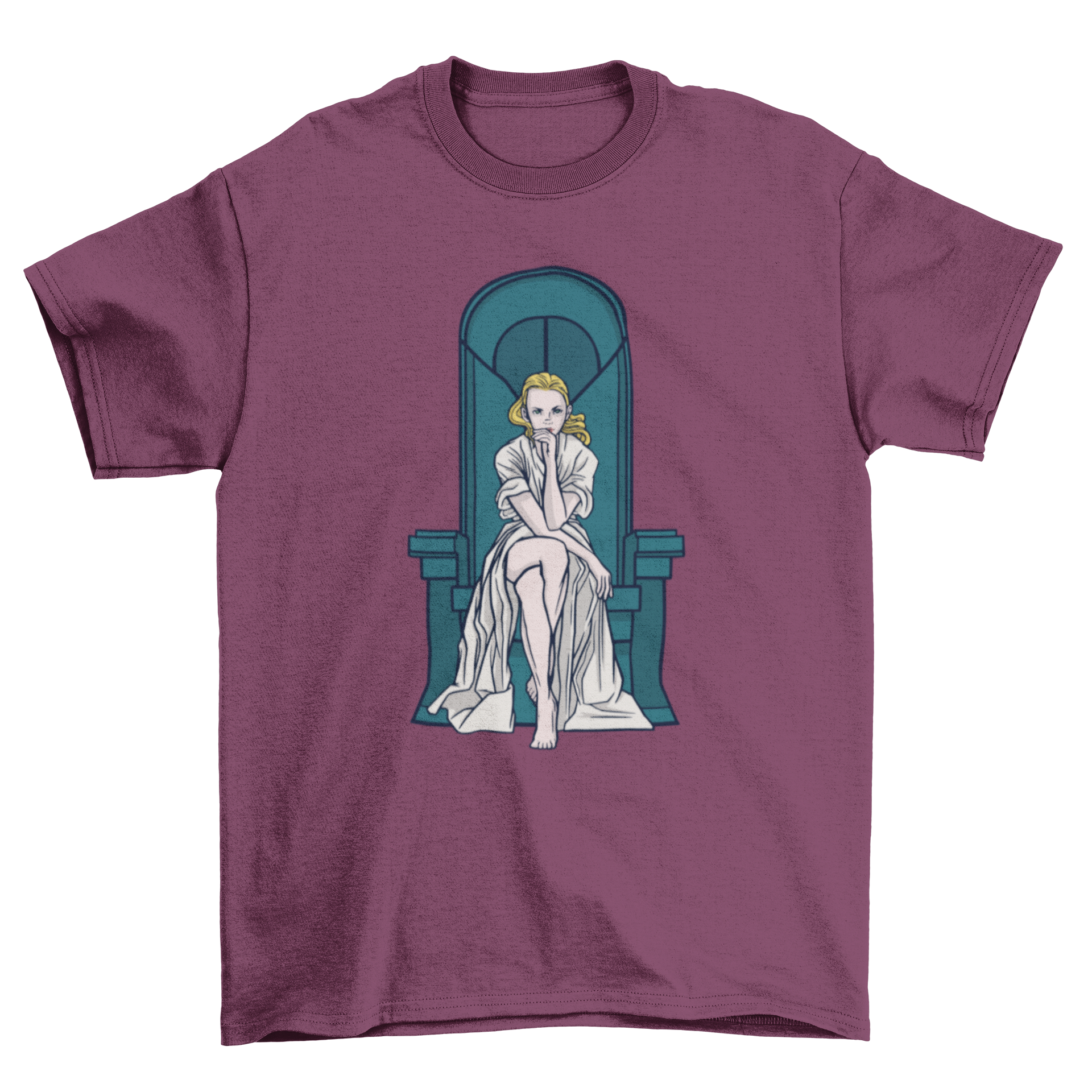 A stylish t-shirt featuring a blonde woman elegantly seated on a throne, showcasing a unique and artistic design.
