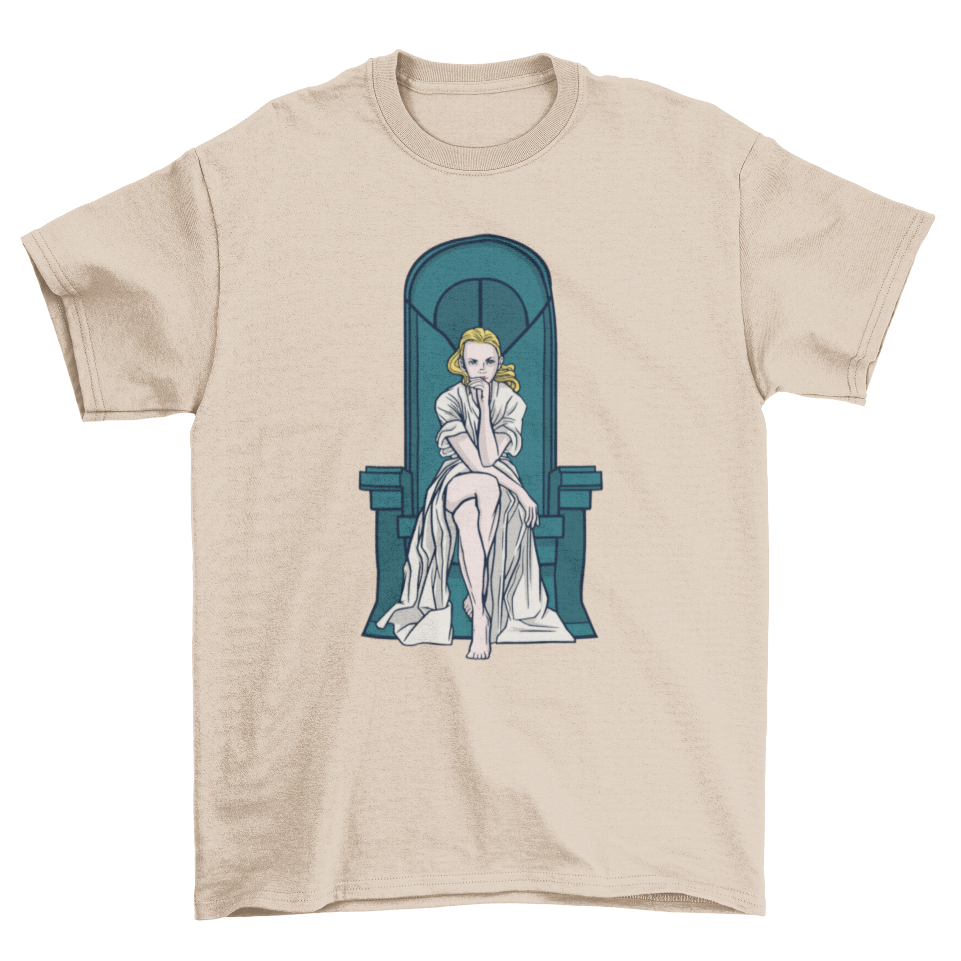 A stylish t-shirt featuring a blonde woman elegantly seated on a throne, showcasing a unique and artistic design.