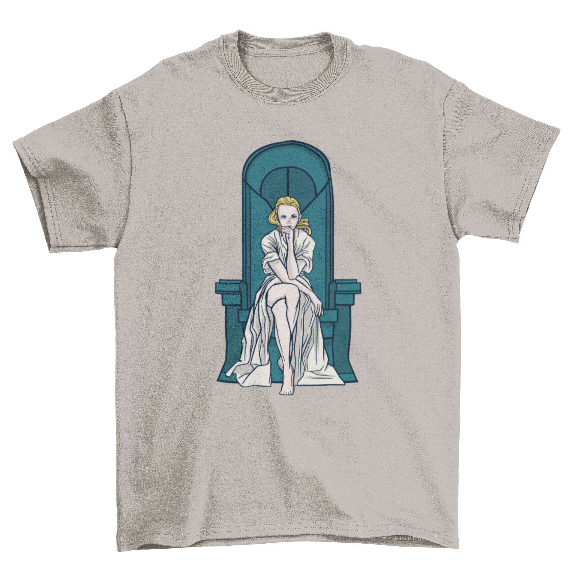 A stylish t-shirt featuring a blonde woman elegantly seated on a throne, showcasing a unique and artistic design.