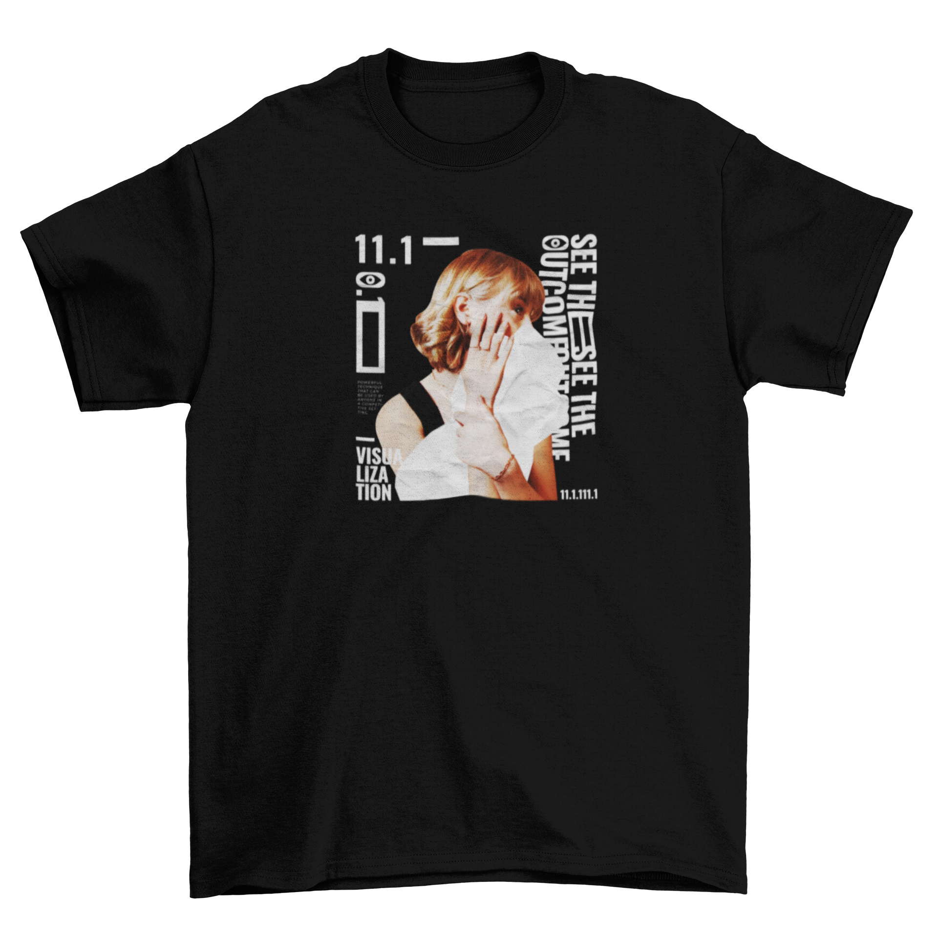 Stylish t-shirt PSD featuring a blonde woman with short hair posing, showcasing an inspirational quote.