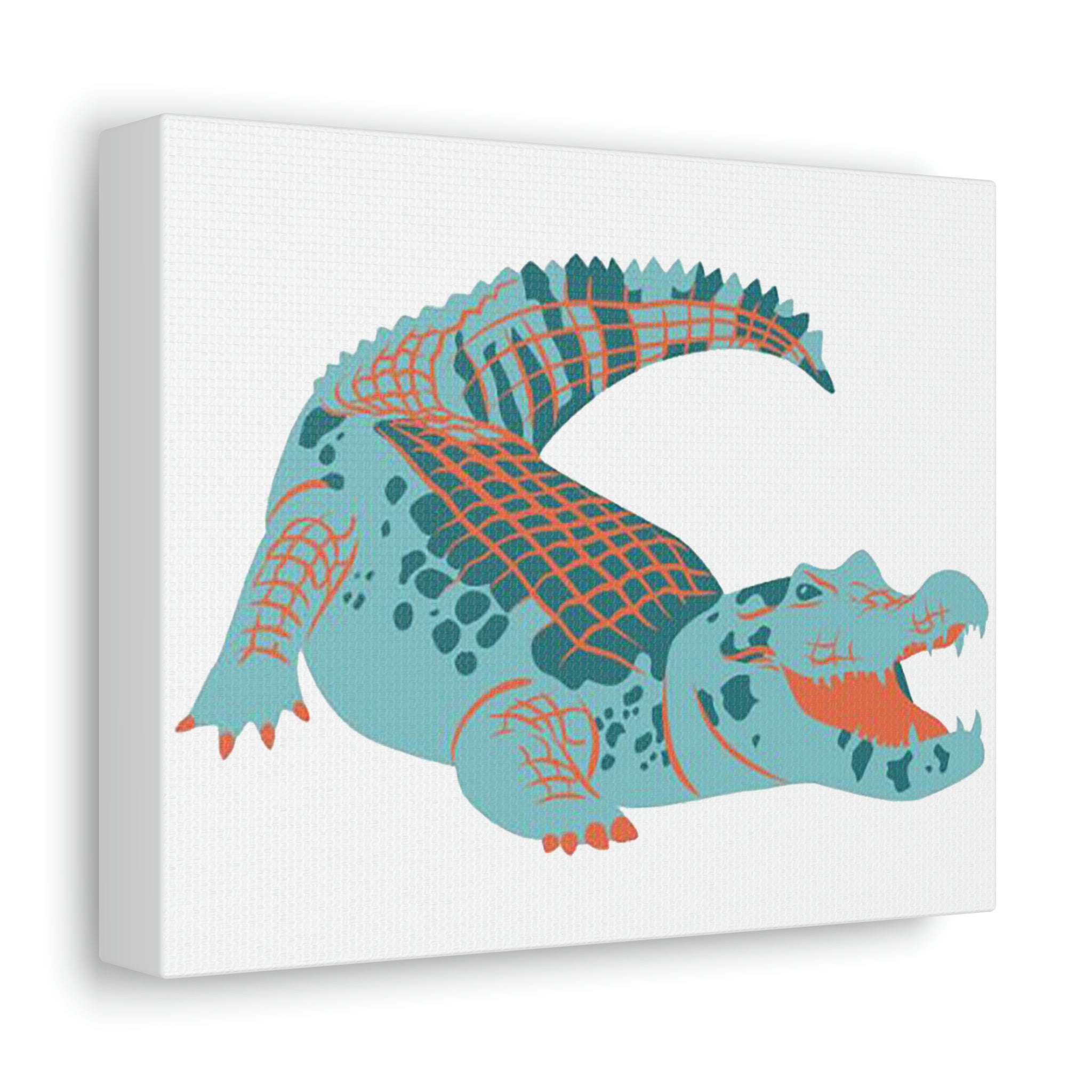 A vibrant blue alligator stretched canvas artwork, showcasing intricate details and vivid colors, framed on a sturdy wooden structure.
