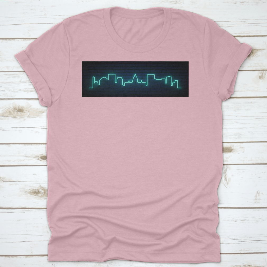 A vibrant blue neon skyline illustration of Pasadena City, showcasing iconic buildings and a lively atmosphere, perfect for decor.