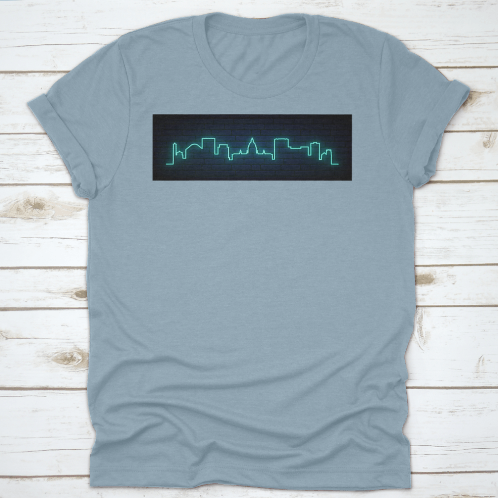 A vibrant blue neon skyline illustration of Pasadena City, showcasing iconic buildings and a lively atmosphere, perfect for decor.