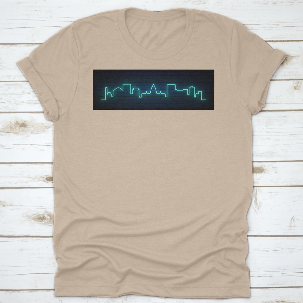 A vibrant blue neon skyline illustration of Pasadena City, showcasing iconic buildings and a lively atmosphere, perfect for decor.