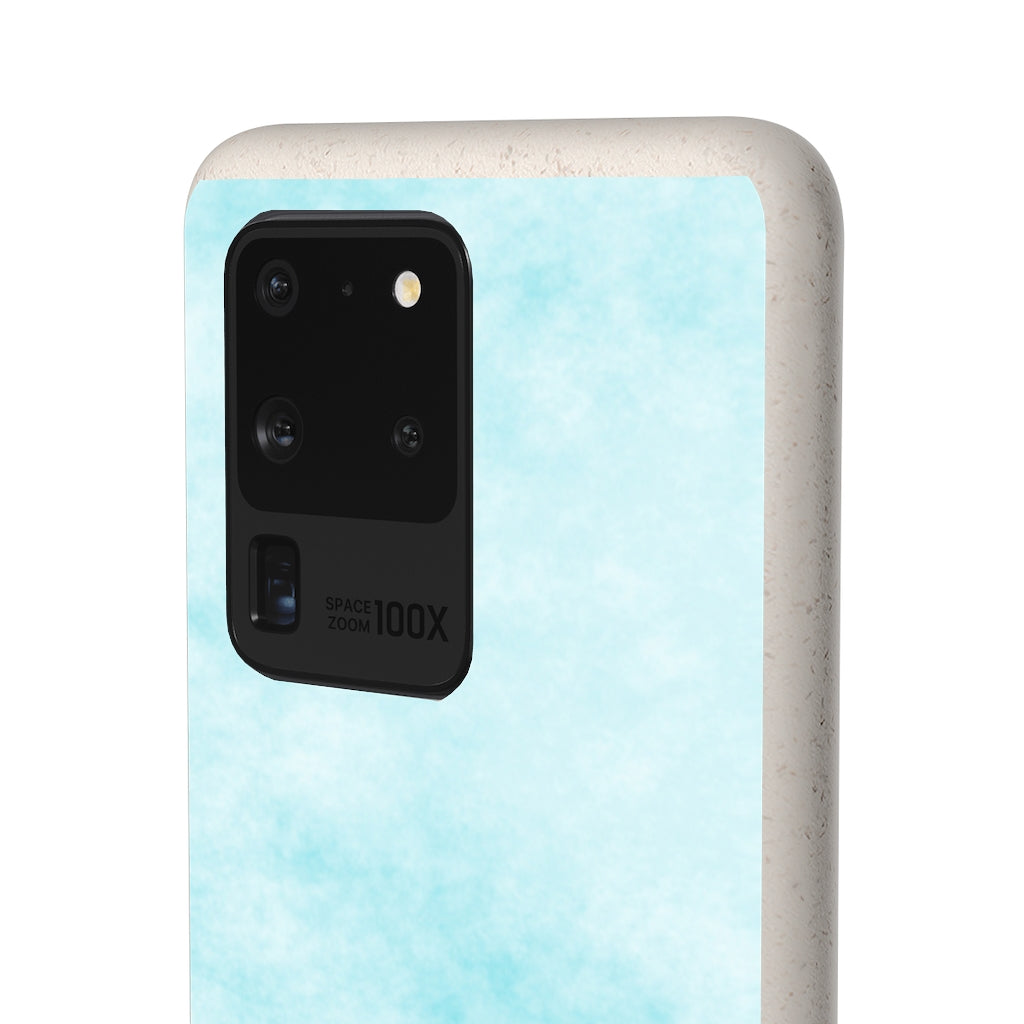 Blue Clouds Biodegradable Phone Case made from plant-based materials, featuring a slim design and precise cutouts for connectivity.