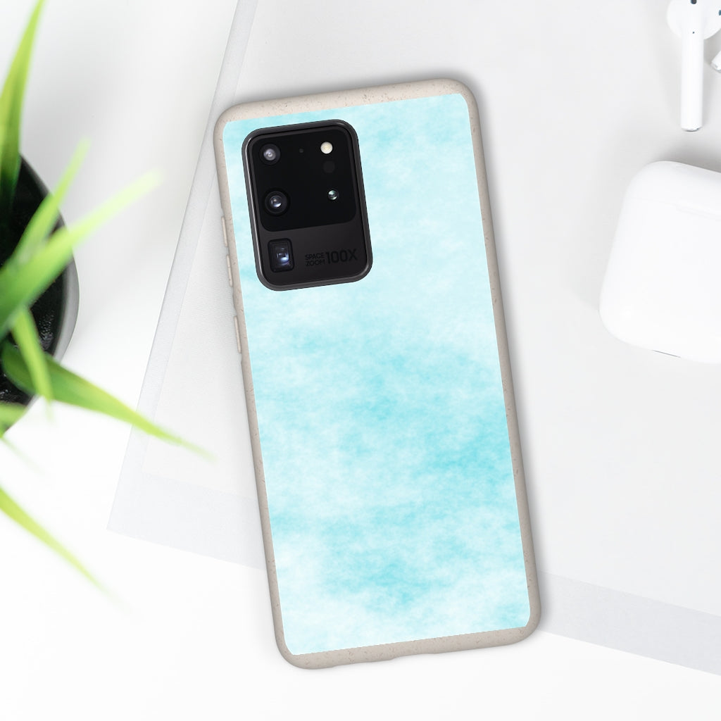 Blue Clouds Biodegradable Phone Case made from plant-based materials, featuring a slim design and precise cutouts for connectivity.