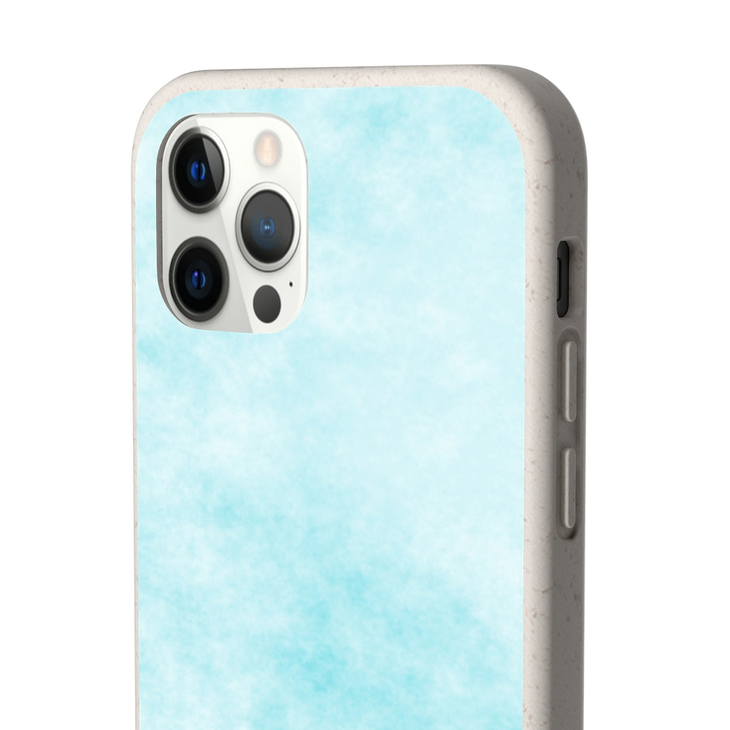 Blue Clouds Biodegradable Phone Case made from plant-based materials, featuring a slim design and precise cutouts for connectivity.
