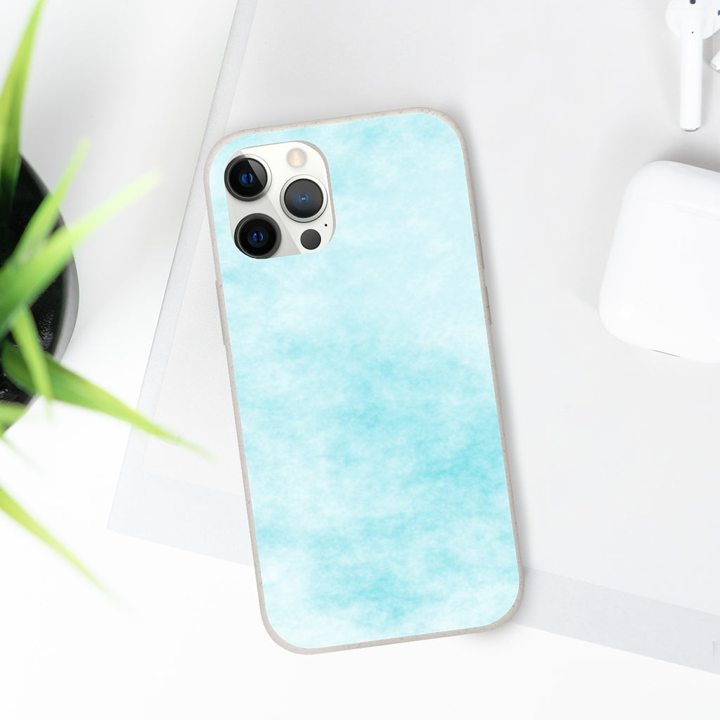 Blue Clouds Biodegradable Phone Case made from plant-based materials, featuring a slim design and precise cutouts for connectivity.