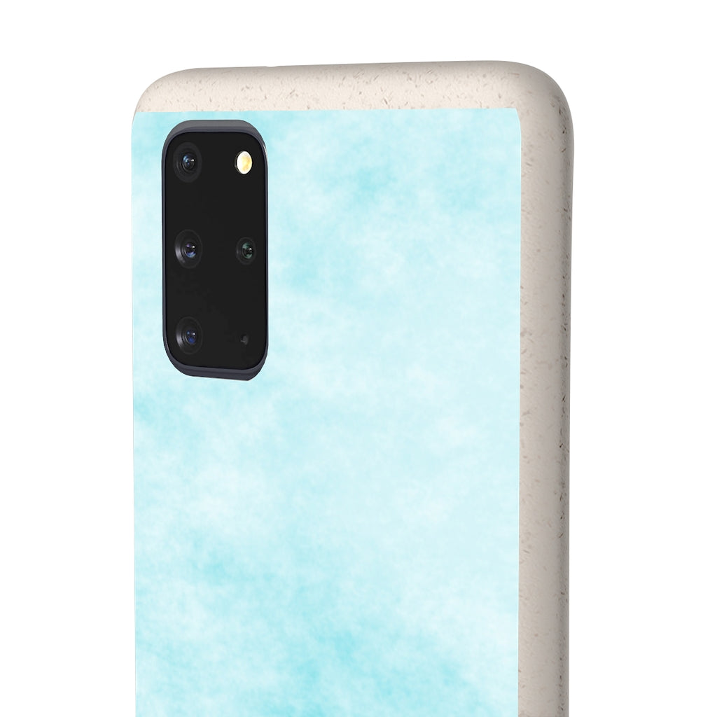 Blue Clouds Biodegradable Phone Case made from plant-based materials, featuring a slim design and precise cutouts for connectivity.
