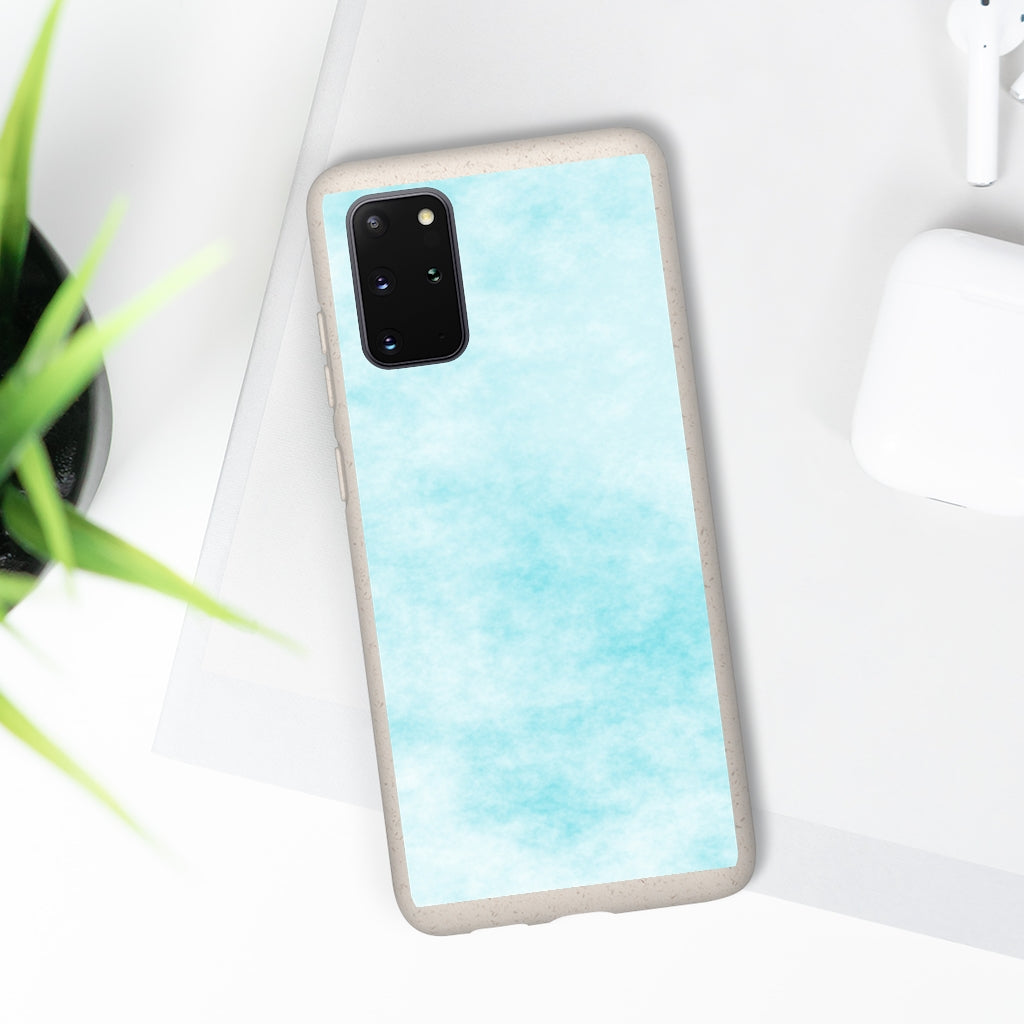 Blue Clouds Biodegradable Phone Case made from plant-based materials, featuring a slim design and precise cutouts for connectivity.