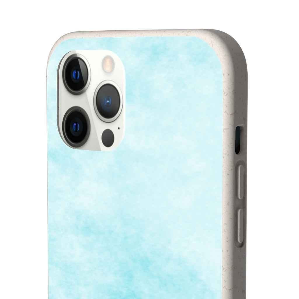 Blue Clouds Biodegradable Phone Case made from plant-based materials, featuring a slim design and precise cutouts for connectivity.