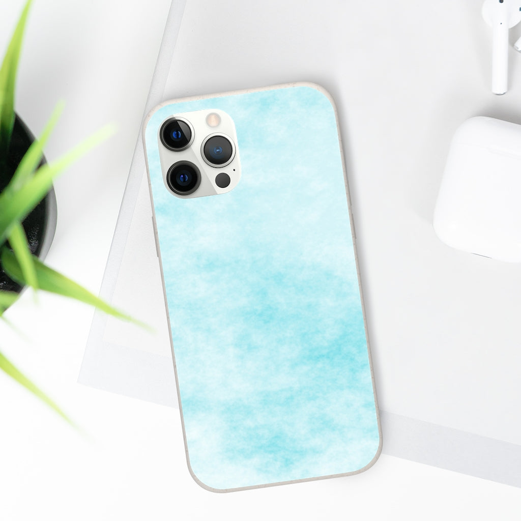 Blue Clouds Biodegradable Phone Case made from plant-based materials, featuring a slim design and precise cutouts for connectivity.