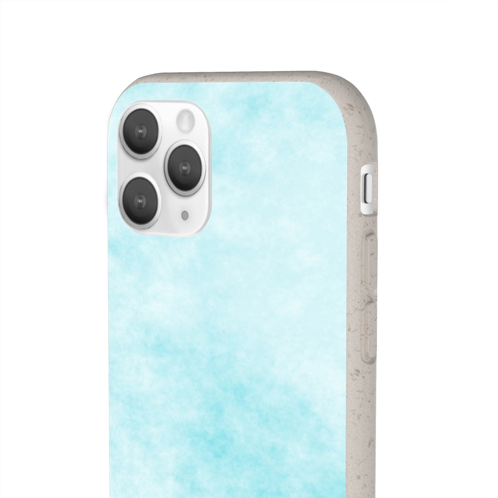 Blue Clouds Biodegradable Phone Case made from plant-based materials, featuring a slim design and precise cutouts for connectivity.