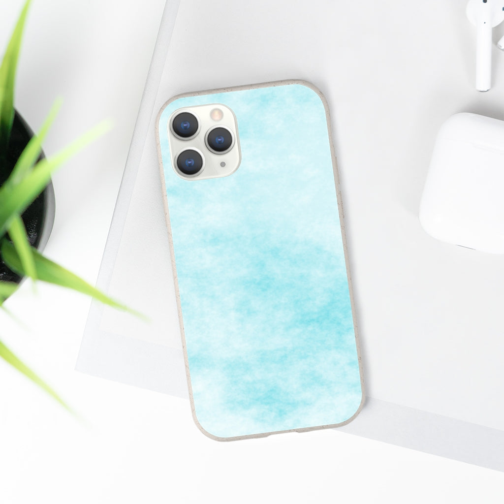 Blue Clouds Biodegradable Phone Case made from plant-based materials, featuring a slim design and precise cutouts for connectivity.