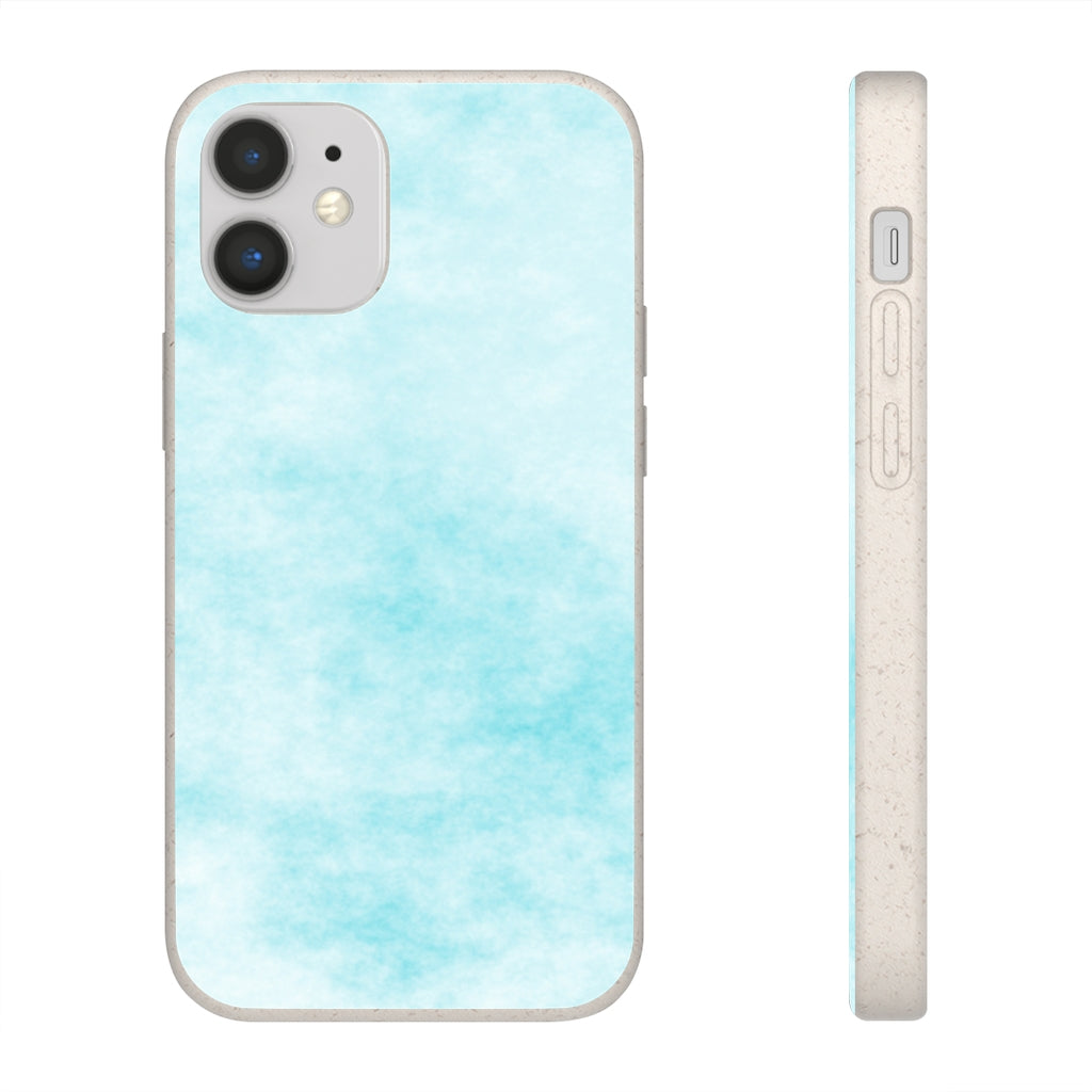 Blue Clouds Biodegradable Phone Case made from plant-based materials, featuring a slim design and precise cutouts for connectivity.