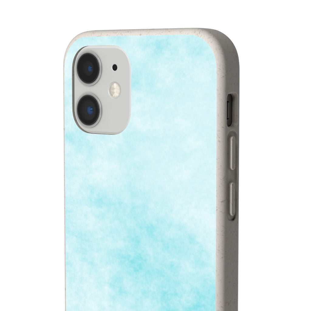 Blue Clouds Biodegradable Phone Case made from plant-based materials, featuring a slim design and precise cutouts for connectivity.