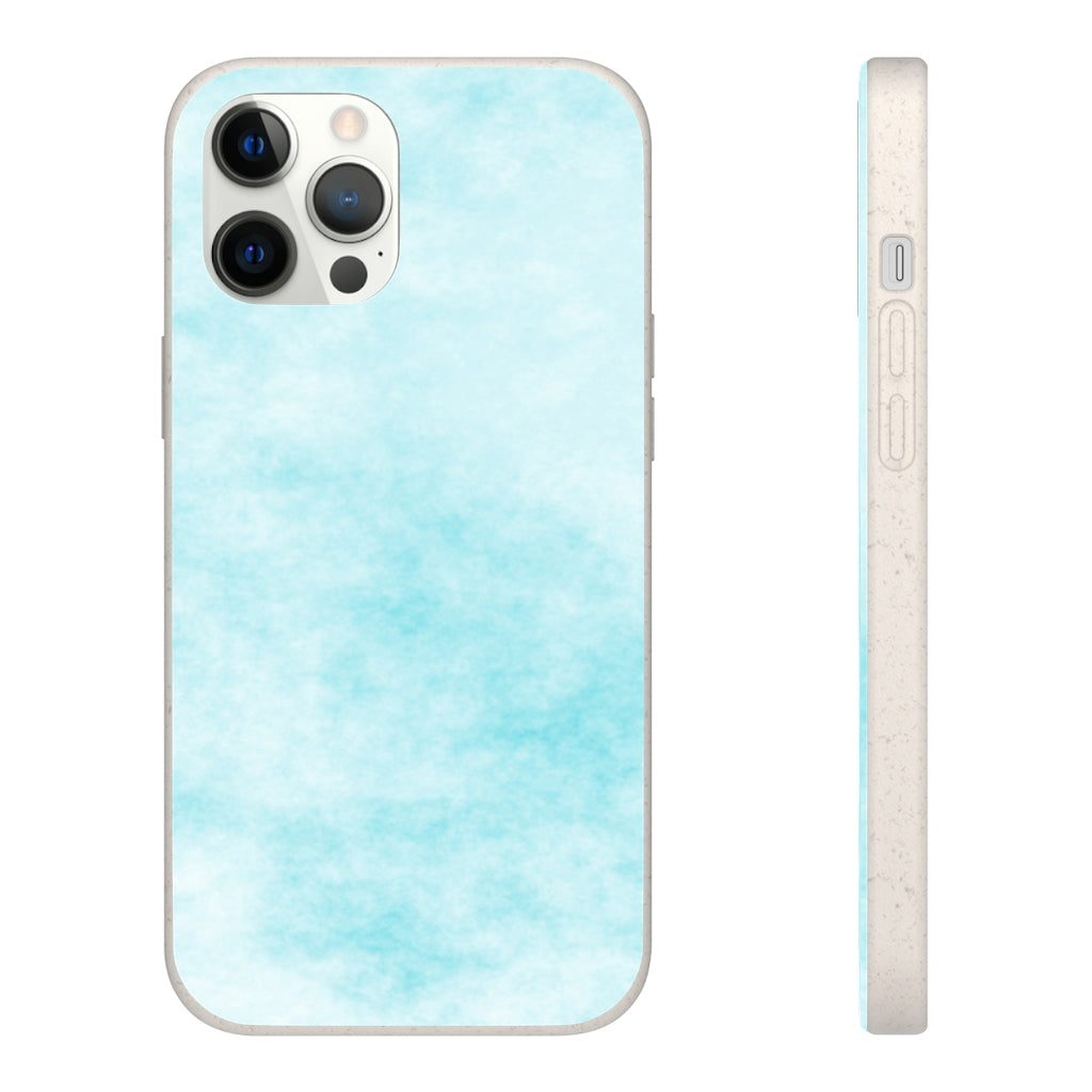 Blue Clouds Biodegradable Phone Case made from plant-based materials, featuring a slim design and precise cutouts for connectivity.