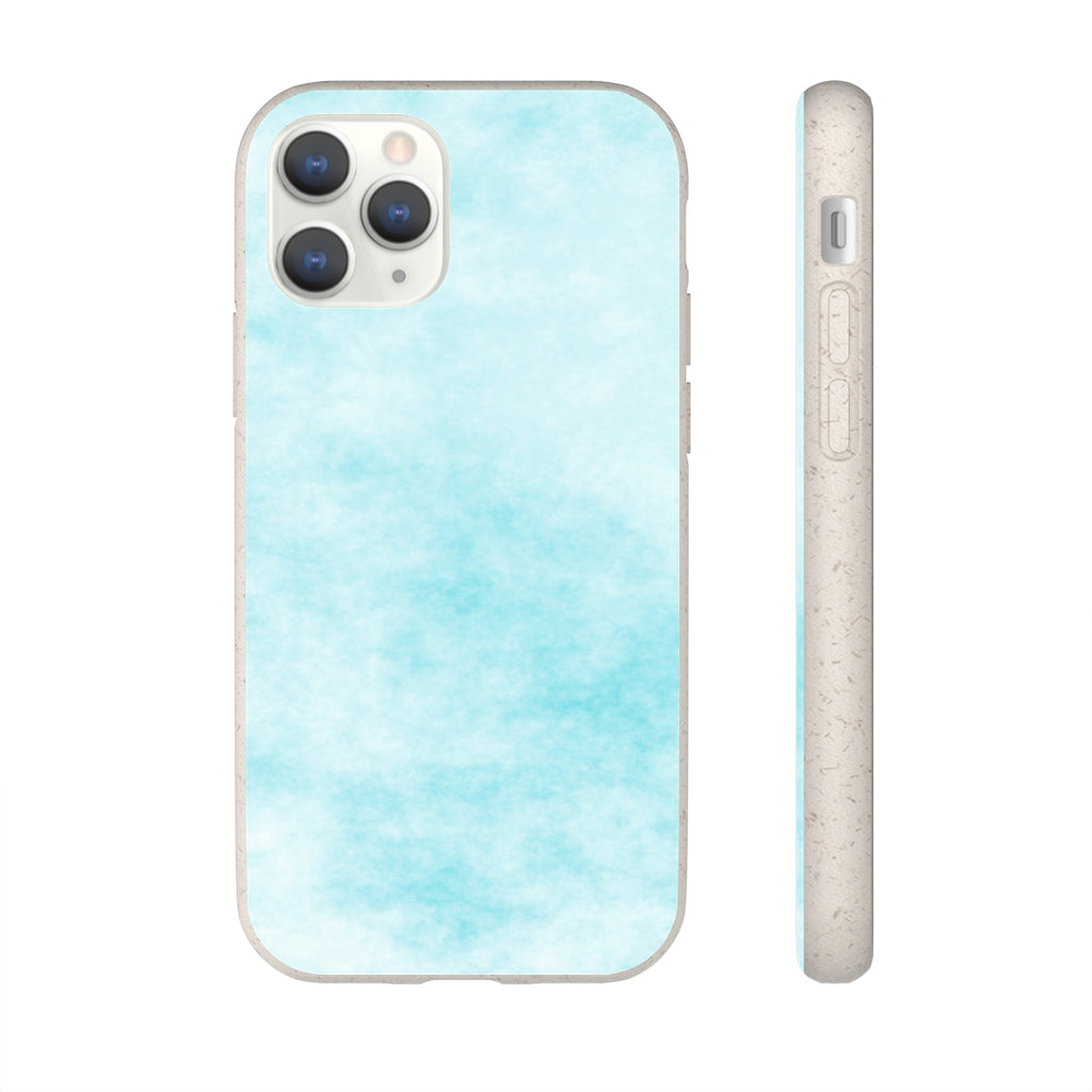 Blue Clouds Biodegradable Phone Case made from plant-based materials, featuring a slim design and precise cutouts for connectivity.