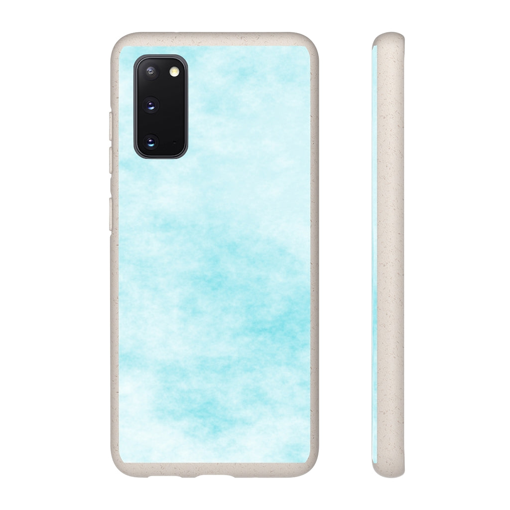 Blue Clouds Biodegradable Phone Case made from plant-based materials, featuring a slim design and precise cutouts for connectivity.