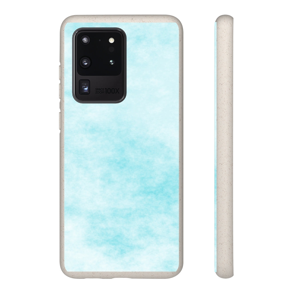 Blue Clouds Biodegradable Phone Case made from plant-based materials, featuring a slim design and precise cutouts for connectivity.