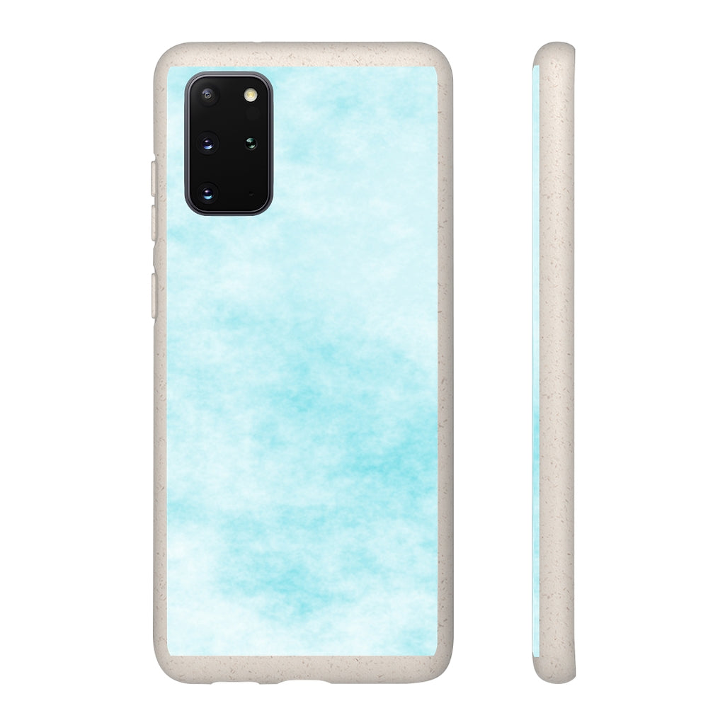 Blue Clouds Biodegradable Phone Case made from plant-based materials, featuring a slim design and precise cutouts for connectivity.