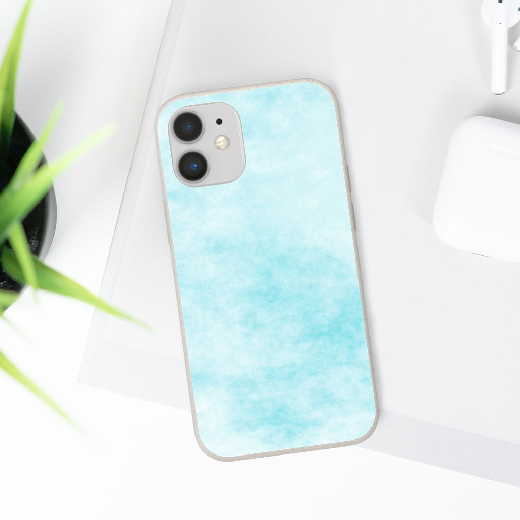 Blue Clouds Biodegradable Phone Case made from plant-based materials, featuring a slim design and precise cutouts for connectivity.