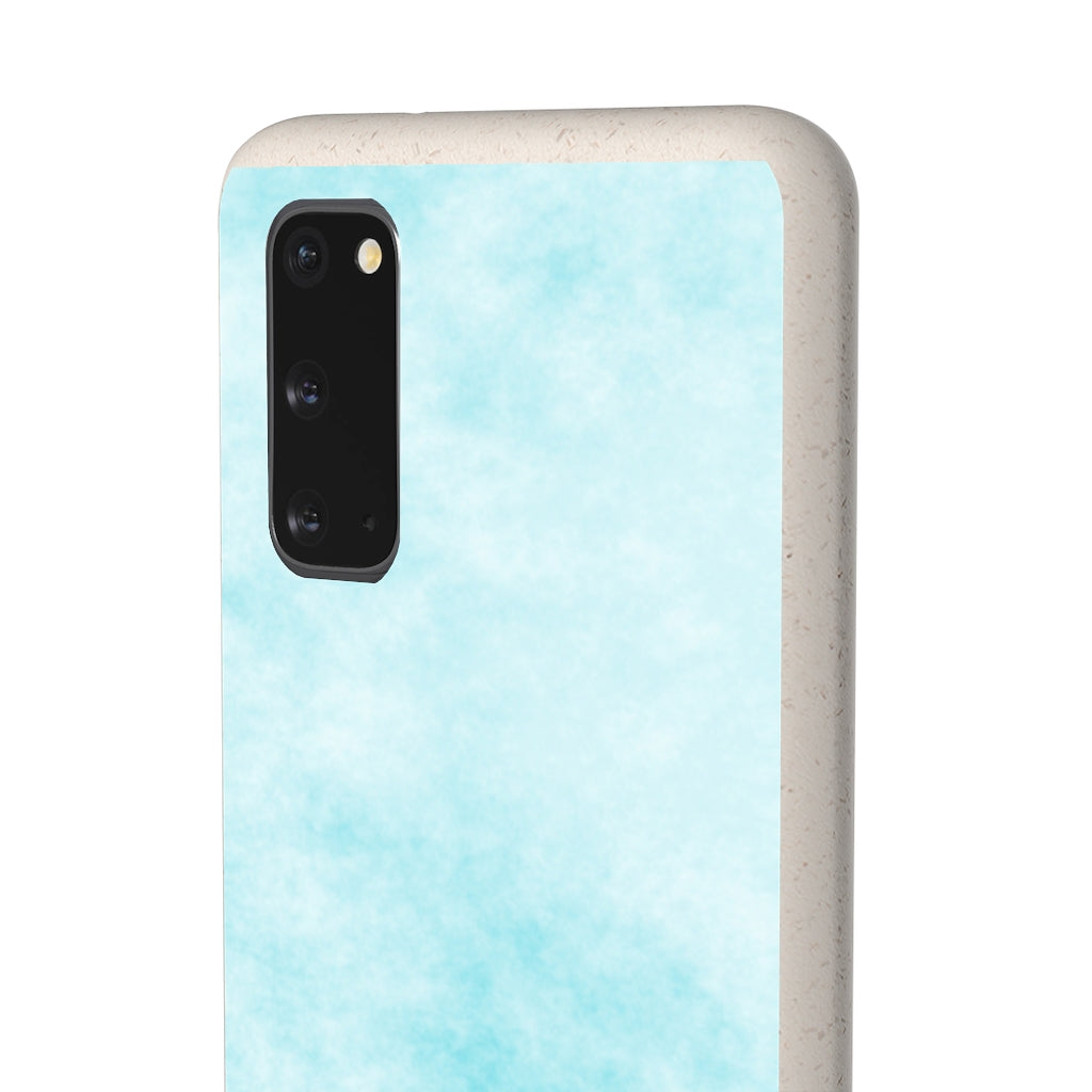 Blue Clouds Biodegradable Phone Case made from plant-based materials, featuring a slim design and precise cutouts for connectivity.