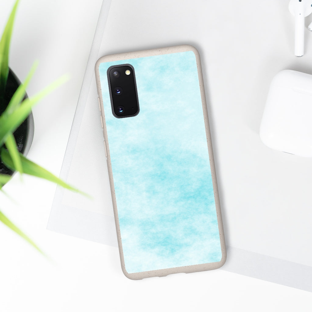 Blue Clouds Biodegradable Phone Case made from plant-based materials, featuring a slim design and precise cutouts for connectivity.
