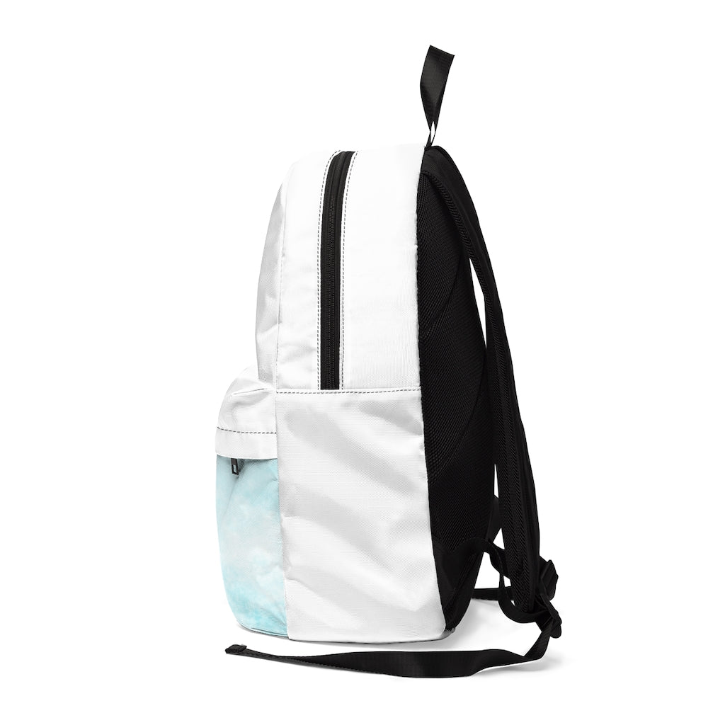 Blue Clouds Unisex Classic Backpack featuring a vibrant cloud design, adjustable straps, and durable nylon material, perfect for daily use.
