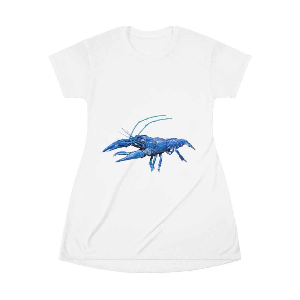 A stylish Blue Crawfish All Over Print T-Shirt Dress featuring a vibrant crawfish design, perfect for casual and dressy occasions.