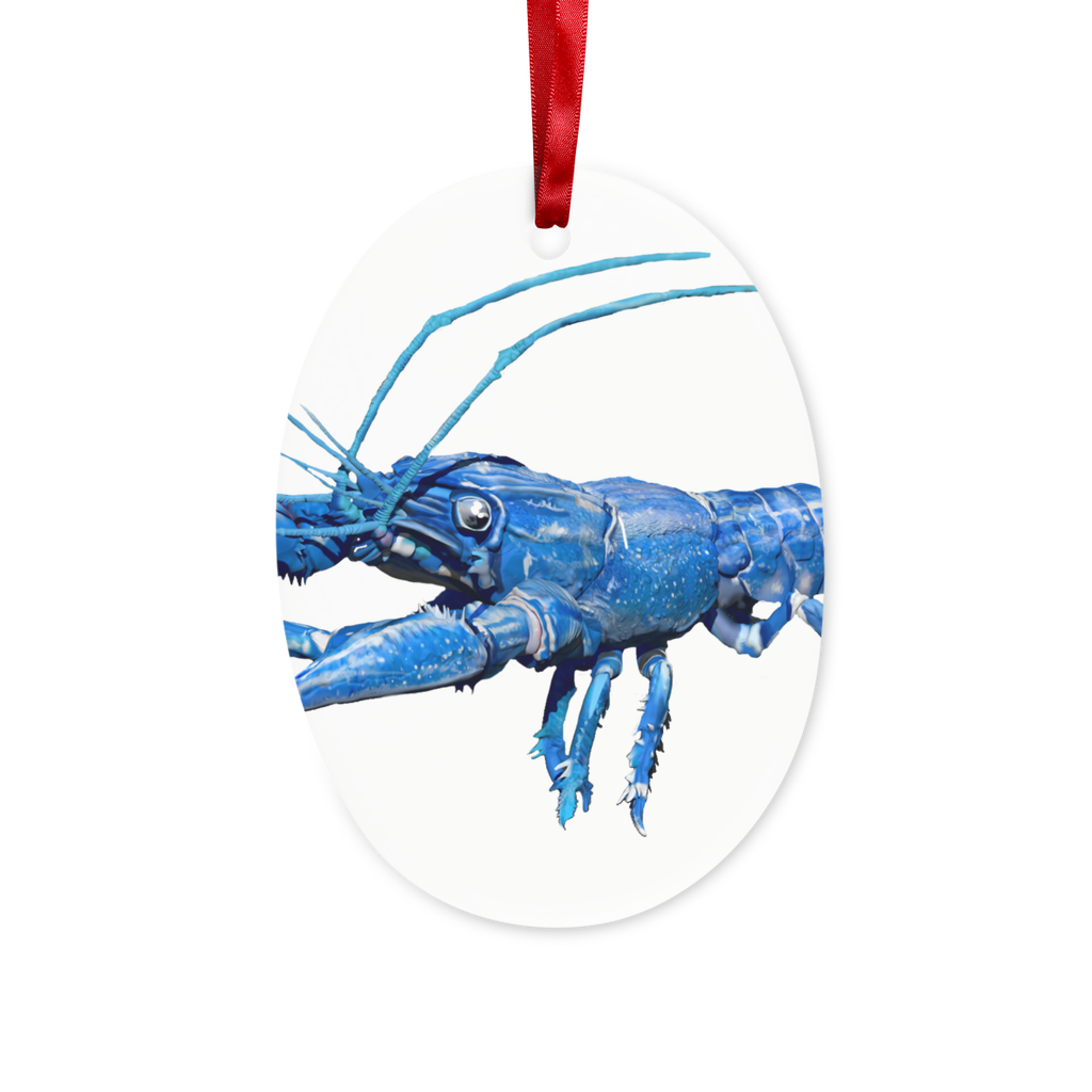 Blue Crawfish Ceramic Hanging Ornament with red ribbon and gold string, perfect for Christmas decoration.