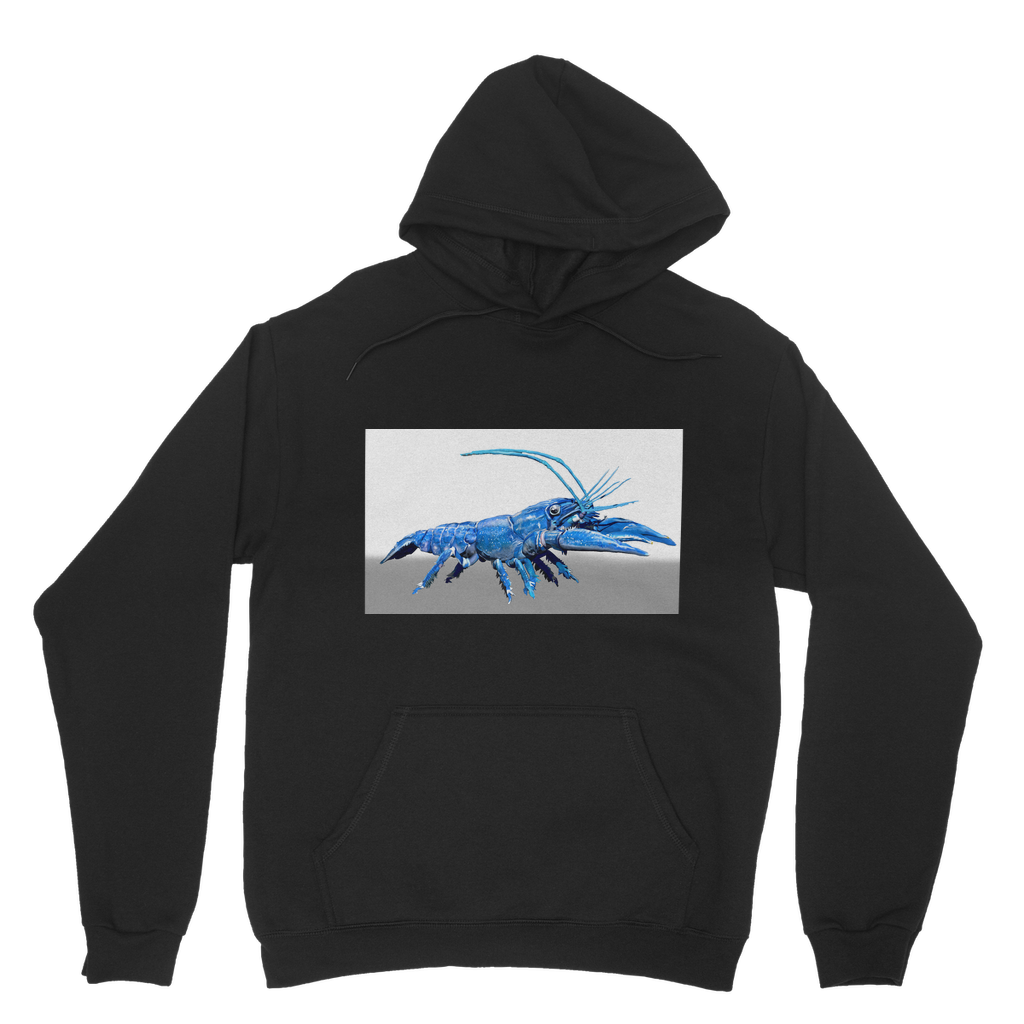 Blue Crawfish Classic Adult Hoodie featuring a double fabric hood, kangaroo pouch pocket, and ribbed cuffs, made from soft cotton faced fabric.